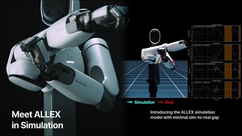 Photo Courtesy of WIRobotics Comparison of the real ALLEX humanoid robot and its simulated motion. The released simulation model accurately reproduces the robot's physical characteristics through high-fidelity Sim-to-Real validation. Photo Courtesy of WIRobotics Comparison of the real ALLEX humanoid robot and its simulated motion. The released simulation model accurately reproduces the robot's physical characteristics through high-fidelity Sim-to-Real validation.